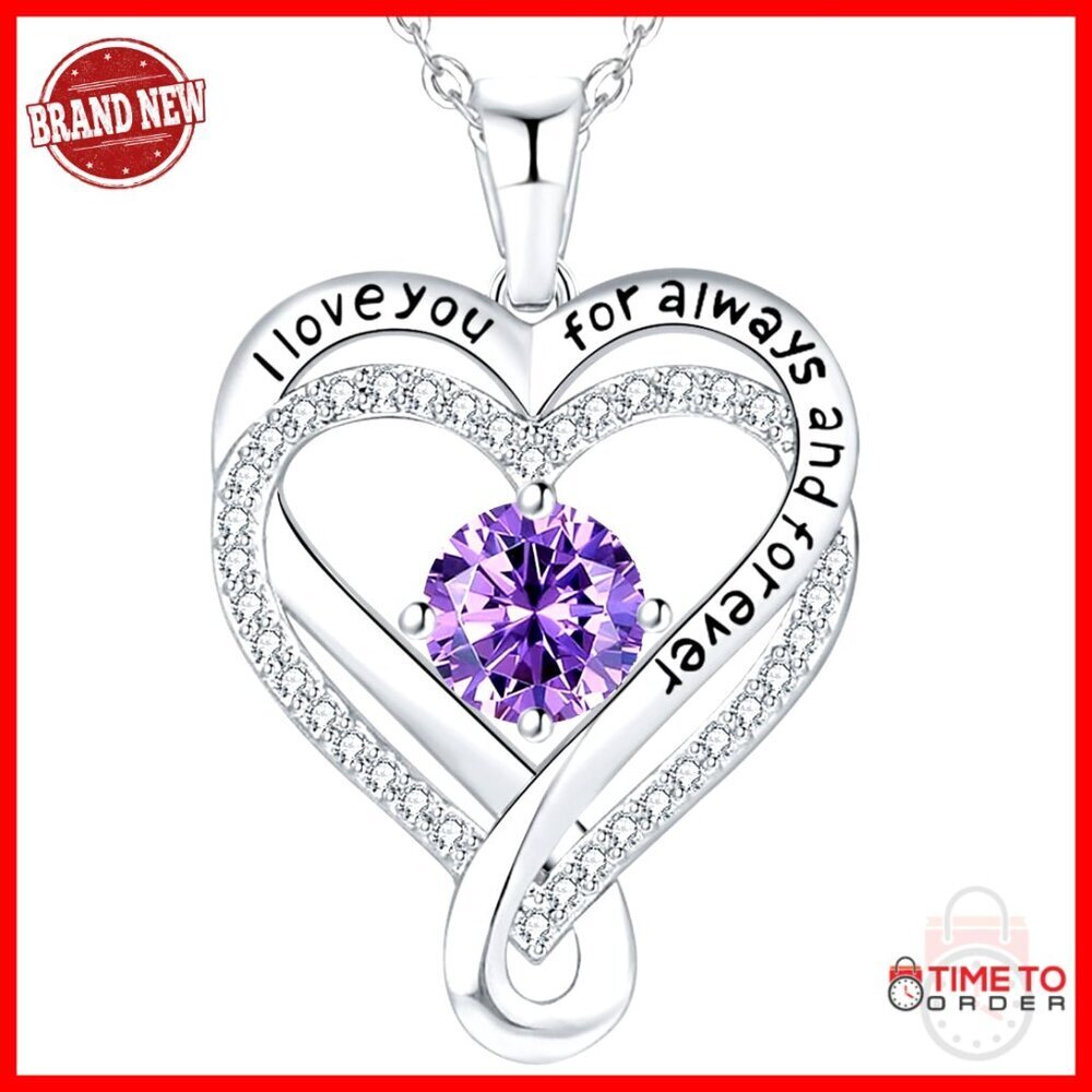 Sterling Silver Infinity Heart Pendant Necklace with 12 Birthstones, Engraved
